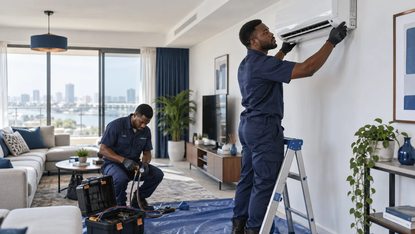 Illustrative scene of technicians installing a wall-mounted air conditioner in a home